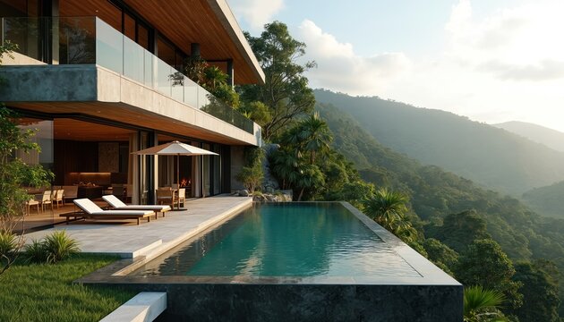 Luxurious modern villa has infinity pool. Villa sits among mountains. Contemporary house design includes deck with pool, lounge. Architecture is vacation home. Nature, relaxation are main points.