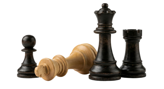 Strategic chess game showcasing the victorious black pieces and defeated light king resting on the - Powered by Adobe