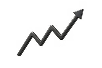 Black 3d zigzag arrow graph illustrating financial market growth, business success, and upward trend, transparent background
