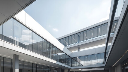 Modern architectural design with glass windows and open sky view.