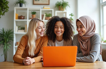 Three multiethnic young women laugh looking at laptop screen indoors. Girls of different nationalities share content online via notebook. Friends study together. Diverse teenagers use pc. Students