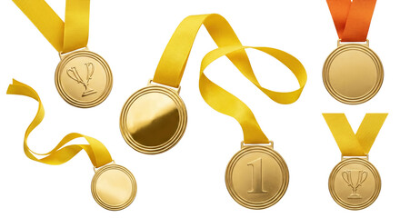 Collection of golden medals with ribbons, symbols of success and sporting achievement for winners