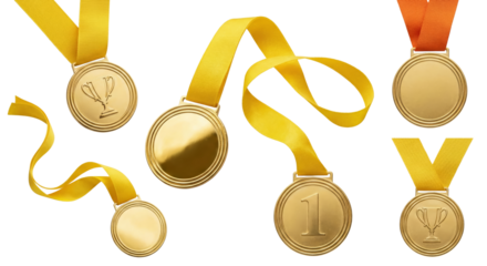 Collection of golden medals with ribbons, symbols of success and sporting achievement for winners