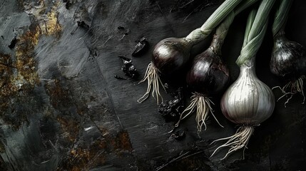 A close-up image of fresh onions with their roots still attached. The onions are placed on a rustic wooden surface with visible rust stains, indicating an outdoor or farm setting.
