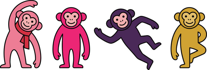 Colorful cartoon monkeys in playful poses, cute animal characters illustration, fun and cheerful vector design, happy monkey artwork for children, vibrant animal graphics © Akaza