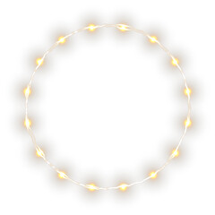 Fototapeta premium Golden LED garland circle border featuring luminous holiday bulbs, glittering festive accents, and warm winter glow perfect for Christmas advertising, celebration banners, and transparent design overl