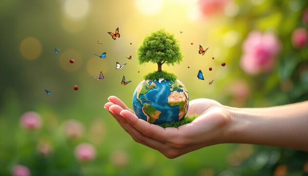 Hand holds globe with tree on bright sunny bokeh. Butterflies and ladybugs fly near earth model. Ecology concept for save planet nature environment protection Earth Day.
