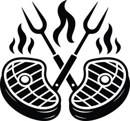 Barbecue steaks crossed forks flames silhouette