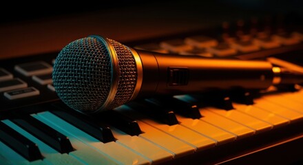 Vintage microphone and piano keys music performance concept