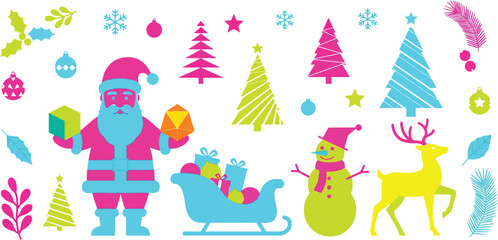 Fototapeta premium Vibrant and whimsical christmas holiday illustration featuring a stylized santa claus snowman reindeer sleigh and festive decorations in neon colors