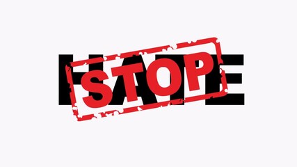 Black word hate with a red stop stamp. Suitable for antidiscrimination campaigns, social justice posters, or protest messaging against hate speech.