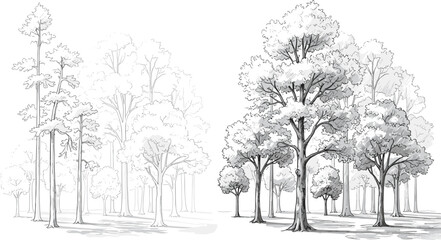 Black and white sketch of a forest with two distinct styles of trees nature drawing © Montaha,, Creatives