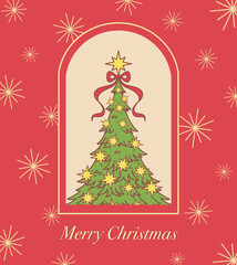 Christmas card with Christmas tree and stars on red background. 