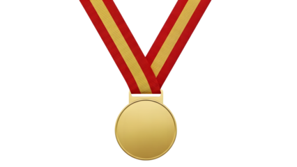 Gold medal with red and yellow ribbon on black background