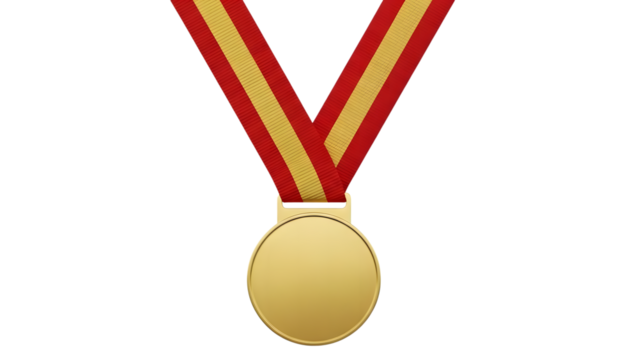 Gold medal with red and yellow ribbon on black background - Powered by Adobe