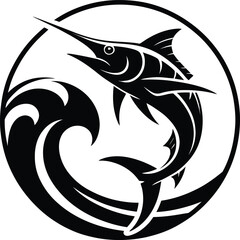 Swordfish leaping over a wave in a circular silhouette