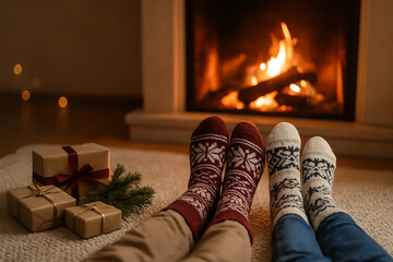 Cozy winter evening with gifts near the fireplace a couple relaxing in stylish socks, enjoying the warmth and festive atmosphere at home