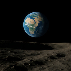 Stunning view of Earth from the moon's surface, showing continents and oceans in vibrant detail, perfect for space exploration or scientific themes