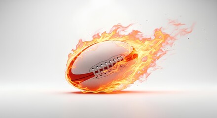 A rugby ball enveloped in bright, dynamic flames, creating the illusion of high speed and intensity.