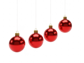 Four red christmas ornaments hanging isolated on transparent background