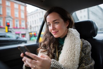 Woman navigating banking app in busy taxi ride