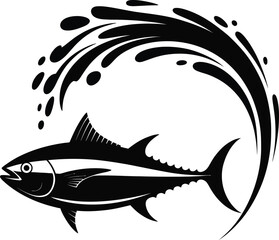Stylized tuna fish silhouette with water splash and swirl