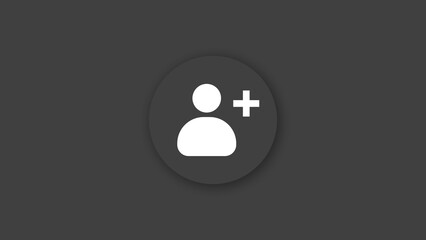 Minimalist white user icon with a plus sign overlaid on a dark gray oval background representing adding a new person or account
