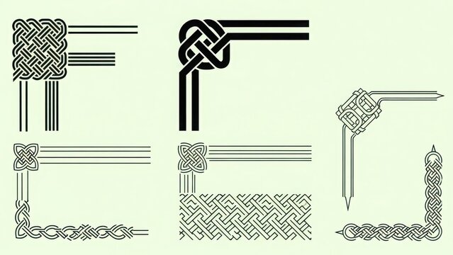 Illustration of six different black and white celtic knot corner border design variations on a light background