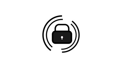 Digital security icon featuring a black padlock surrounded by radiating signal waves symbolizing wireless protection and data privacy