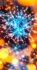 Abstract  render of a glowing neural network and data visualization with interconnected nodes and flowing data streams on dark background