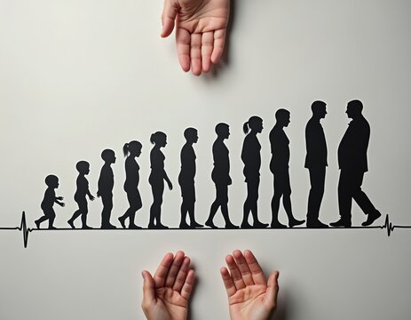 Silhouettes show human growth from baby to adult to elderly. Lifespan concept illustrates different ages progression. Stages of life, human body development shown with heartbeat line. Childhood to