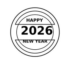 A symbol with concentric circles and the text happy 2026 new year in a bold sans serif font