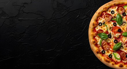 A pizza is shown on a textured black background.