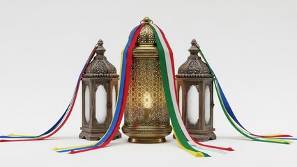 Three ornate lanterns with colorful ribbons on a white background