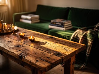 Warm cozy living room with wooden dining or coffee table, natural light Scandinavian interior, empty table top mockup perfect for product placement and lifestyle scenes