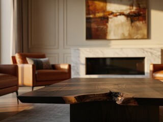 Warm cozy living room with wooden dining or coffee table, natural light Scandinavian interior, empty table top mockup perfect for product placement and lifestyle scenes