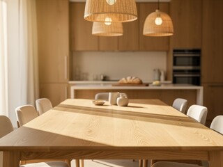 Warm cozy living room with wooden dining or coffee table, natural light Scandinavian interior, empty table top mockup perfect for product placement and lifestyle scenes