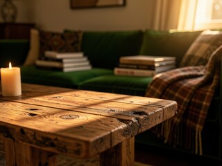 Warm cozy living room with wooden dining or coffee table, natural light Scandinavian interior, empty table top mockup perfect for product placement and lifestyle scenes