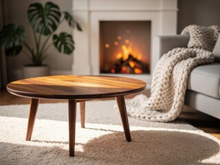 Warm cozy living room with wooden dining or coffee table, natural light Scandinavian interior, empty table top mockup perfect for product placement and lifestyle scenes