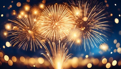 golden fireworks exploding in a dark blue night sky with celebratory bokeh lights shining and sparkling beautifully