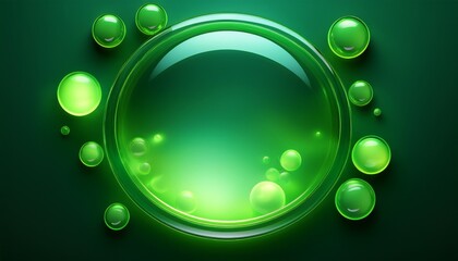 green glassmorphism style banner round shape with glowing neon green spheres on dark green gradient background abstract modern ui style