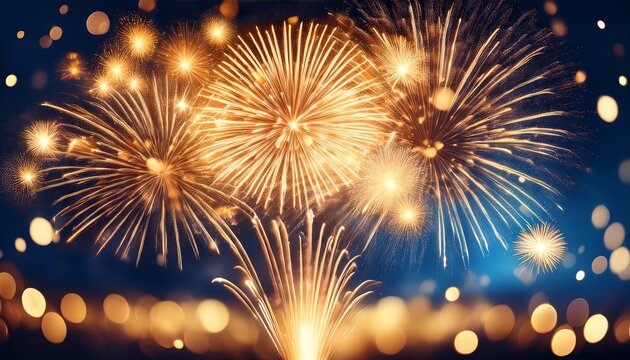 golden fireworks exploding in a dark blue night sky with celebratory bokeh lights shining and sparkling beautifully