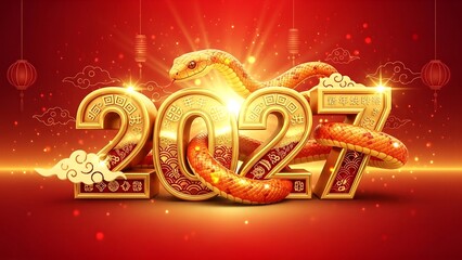 Golden 2027 Year of the Snake, Chinese New Year with Festive Lanterns and Auspicious Clouds