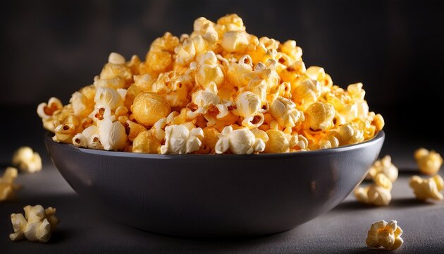 a round dark gray bowl brimming with light yellow popcorn