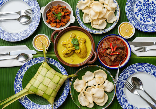 Eid al-Fitr Indonesian Feast Flat Lay with Traditional Dishes