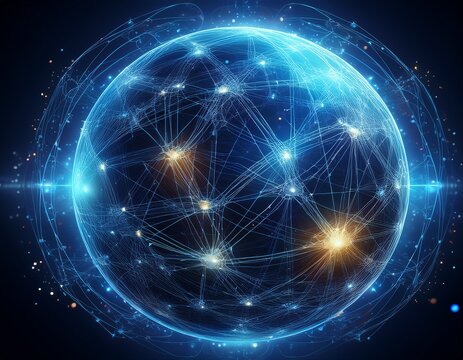 a vibrant blue sphere detailed with a network of interconnected lines swirls and particles