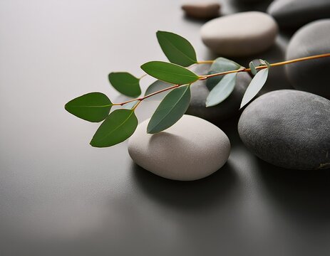 minimalist spa concept featuring a sprig of eucalyptus and smooth pebbles creating a peaceful wellness backdrop