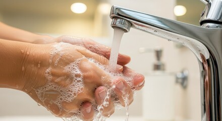Person thoroughly washing soapy hands under running metal faucet water