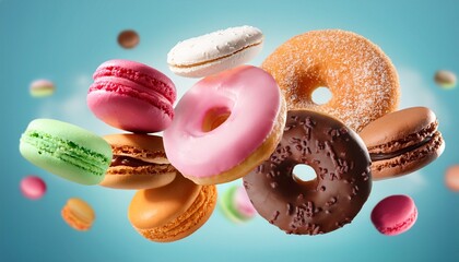 assorted donuts and macarons floating in sweet dessert background