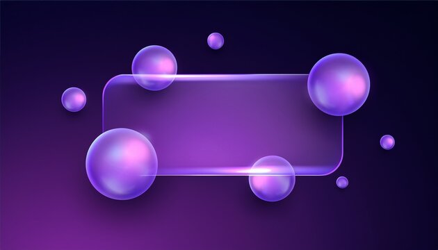 glassmorphism rectangle with glowing violet spheres on a dark purple gradient background modern abstract ui design